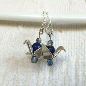 Silver Origami Crane Earrings Lapis Lazuli Crystal Bird Lover Dainty Blue Small